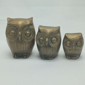 Set of Three Vintage Brass Owls